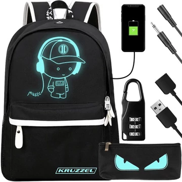Hátizsák fényvisszaverő mintával, USB és Jack porttal, tolltartóval és számkombinációs lakattal