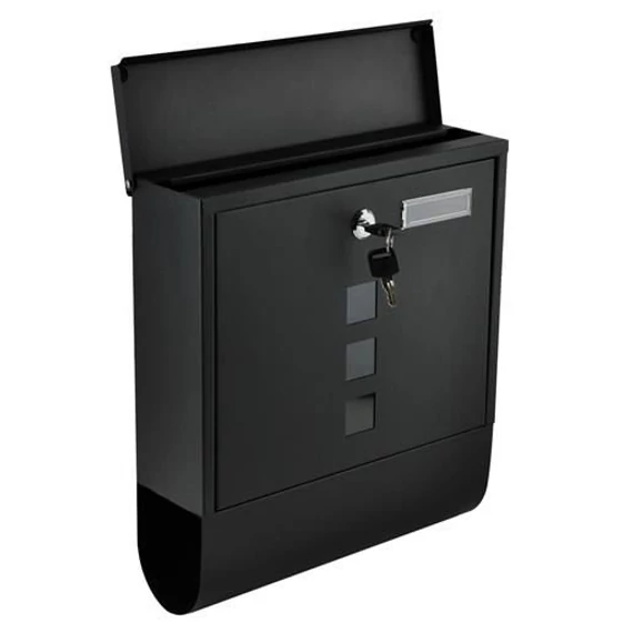 Fém postaláda, levélszekrény újságtartóval, vízálló, zárható, fekete színben
